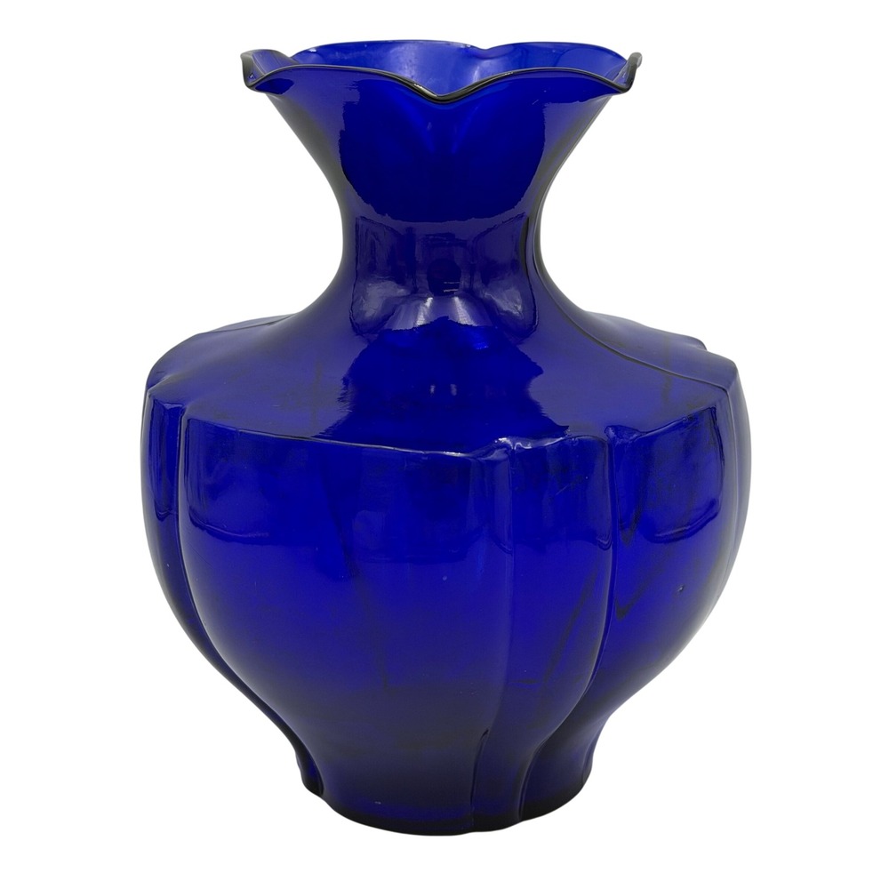 Vtg Cobalt Blue Ruffled Art Glass Molded Vase Paneled Melon Bulbous Rim MCM 8in